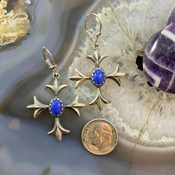 Carolyn Pollack Southwestern Style Sterling Lapis Squash Blossom Dangle Earrings - Picture 8 of 10